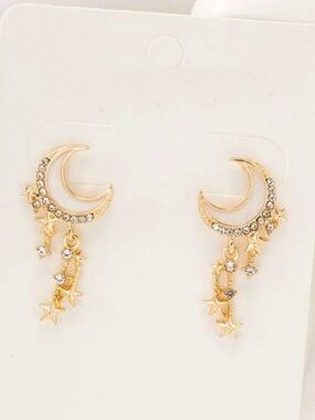 Gold Crescent Moon & Star Drop Earrings - Women's Jewelry